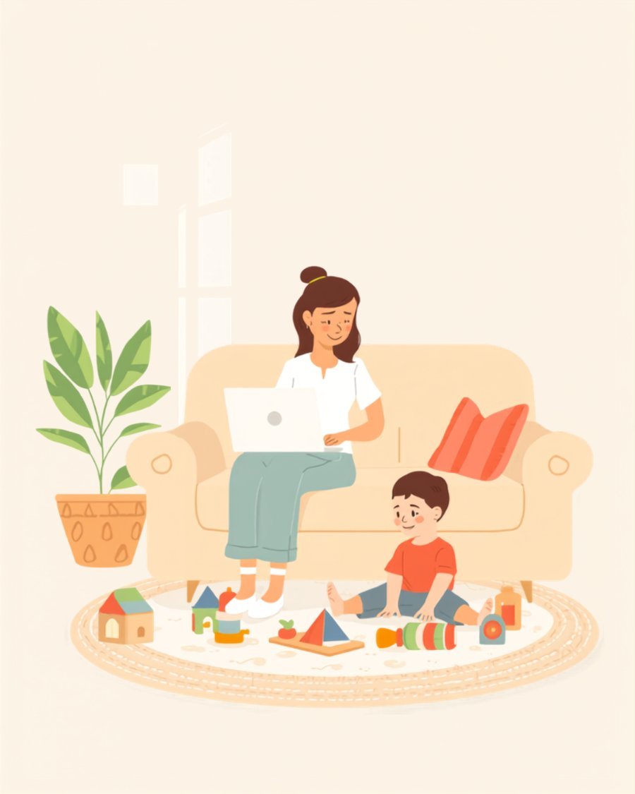 Illustration: Tagesmutter trägt sich am Laptop ein, daneben spielt ein Kind