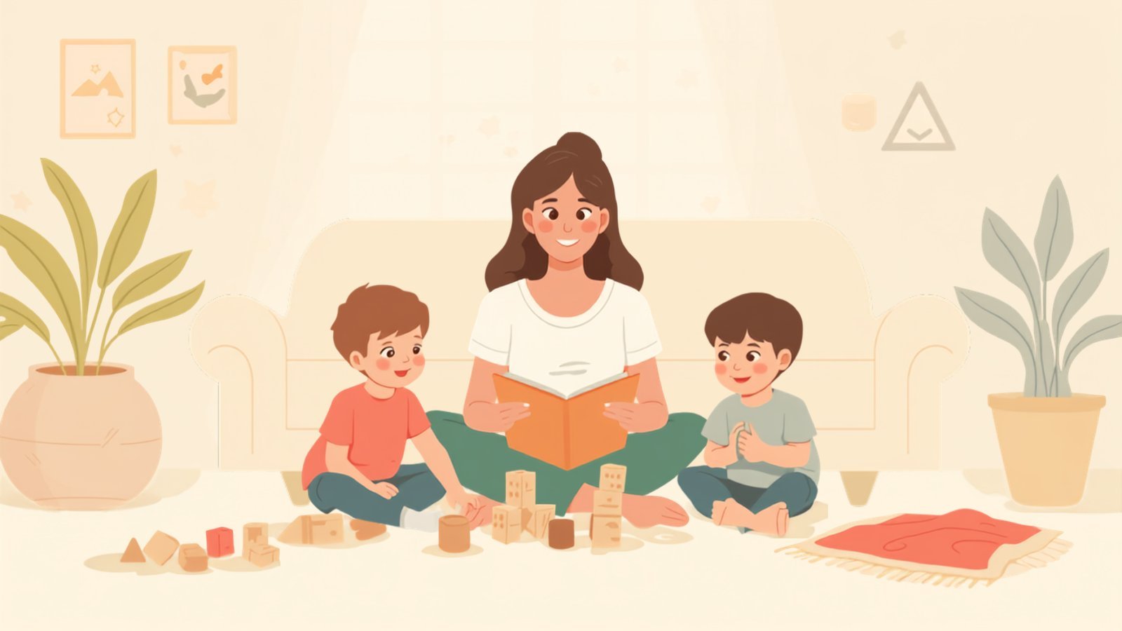 Illustration: Tagesmutter liest zwei Kindern ein Bilderbuch vor