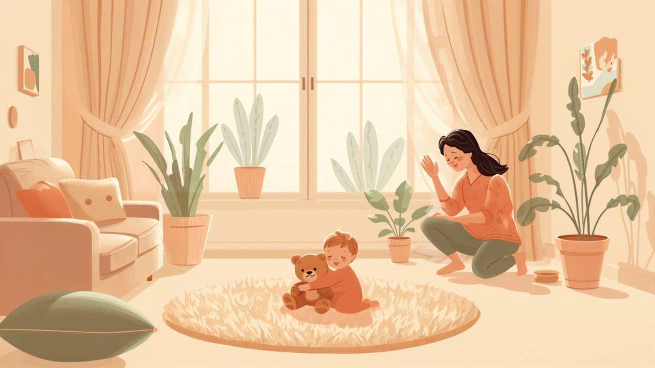 Illustration: Kleinkind mit Teddybär sitzt auf dem Teppich, während sich ein Elternteil im Hintergrund sanft verabschiedet