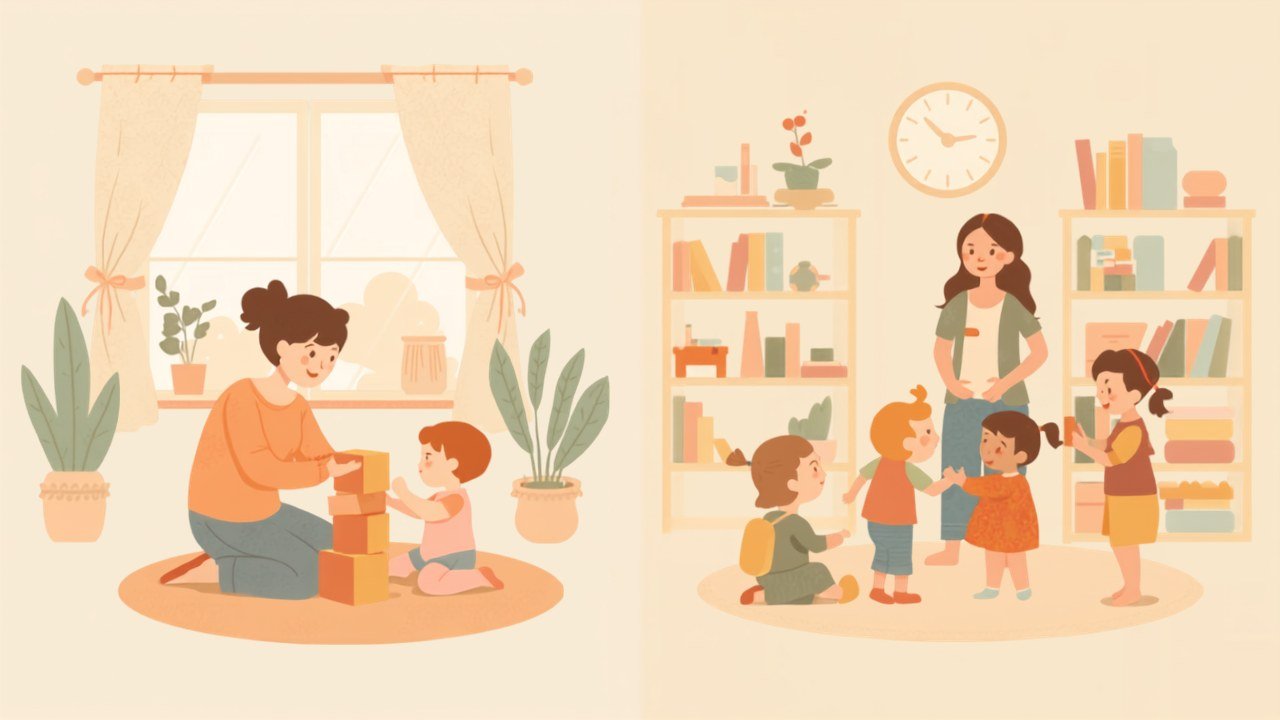 Illustration: Vergleich – links eine Tagesmutter, die zu Hause mit einem Kind Bauklötze stapelt, rechts eine Erzieherin mit einer Kindergruppe in der Kita