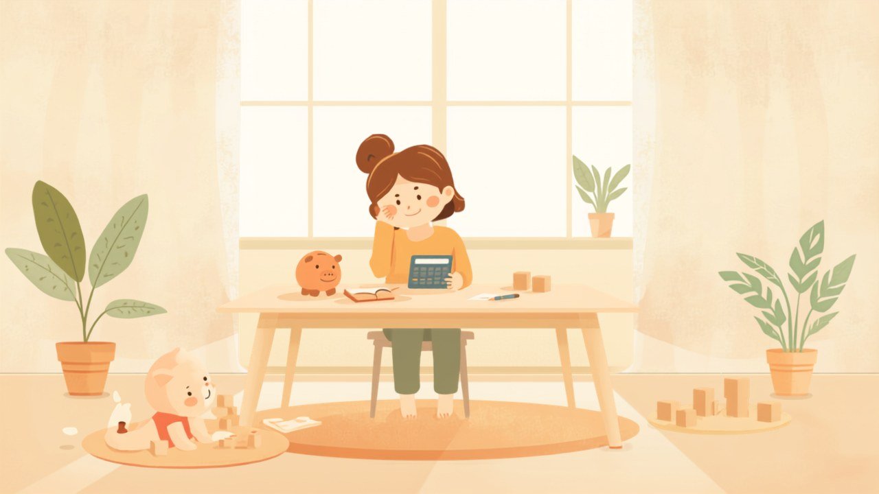 Illustration: Mutter sitzt am Tisch mit Taschenrechner und Sparschwein und rechnet die Kosten der Kindertagespflege aus, ihr Kind spielt daneben mit Bauklötzen